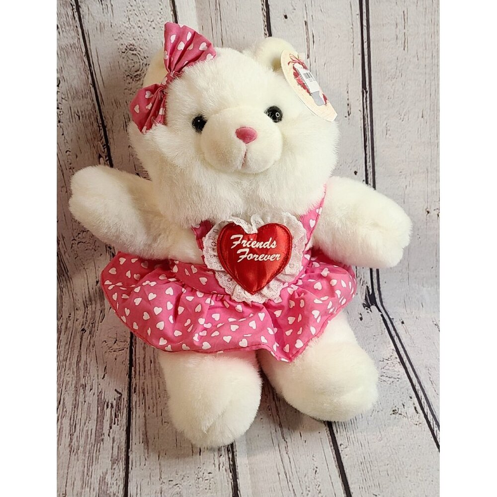 12" Vintage TB Trading White "Friends Forever" Teddy Bear Plush Hearts Dress Toy